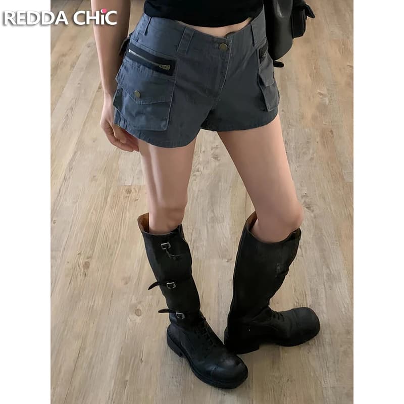 ReddaChic Acubi Moda Pantaloncini di jeans grigi Tasche a vita bassa Cargo Jeans corti Pantaloni attillati Harajuku Estate Donna Streetwear