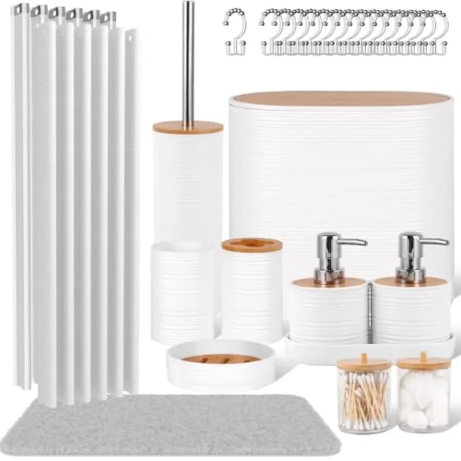 Set da Bagno Bianco, 25 Pezzi Set Accessori Bagno con Tende Doccia, Tappeti, Cestino, Portaspazzolino, Dispenser Sapone