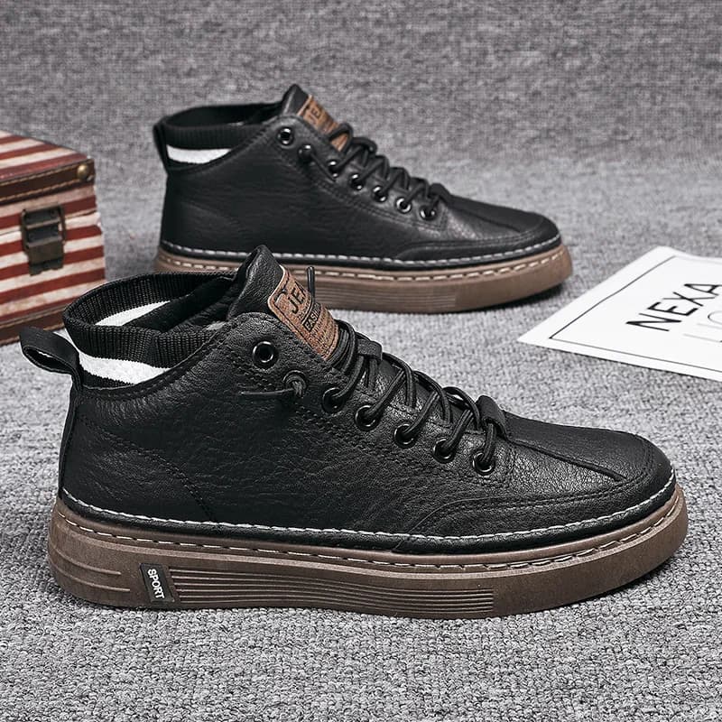Men's Black Sport Work Shoes Summer 2026 New Casual High Help Board Shoes Fashionable Wear-Resistant Laced round Toe Flat Heel
