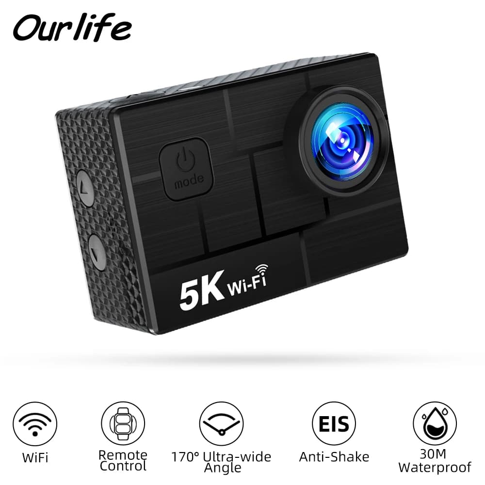 Ourlife 5K Action Camera 4K60FPS WiFi 2.0 Inch IPS Screen 170 ° Sports cameras for motorcycles waterproof 30M