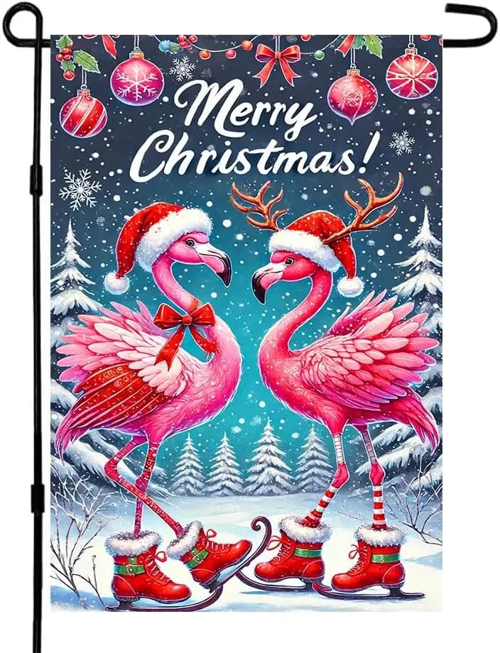 Bandiera da Giardino Natalizia con Fenicotteri 12x18 Pollici, Decorazione Esterna con Due Fenicotteri Rosa con Cappelli da Babbo Natale e Pattini da Ghiaccio Invernali UUL