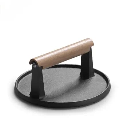 Grande strumento rotondo per barbecue Manico in legno in ghisa Piatto da bistecca Pressa per carne Griglia carne calamari Bistecca fritta barbecue Tavola per pressare la carne