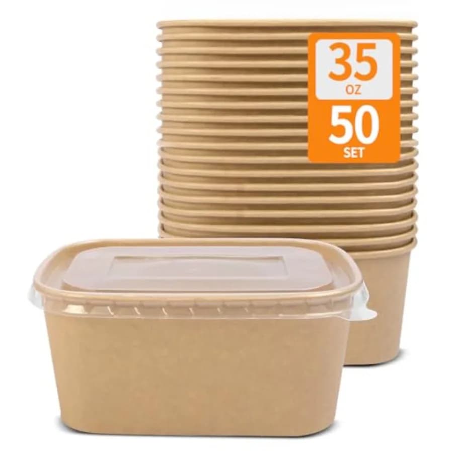 Confezione da 50 Contenitori in Carta da 35 oz con Coperchi, Contenitori per Preparazione Pasti in Carta Utilizzabili in Microonde e Congelatore, Contenitori Alimentari in Cartone