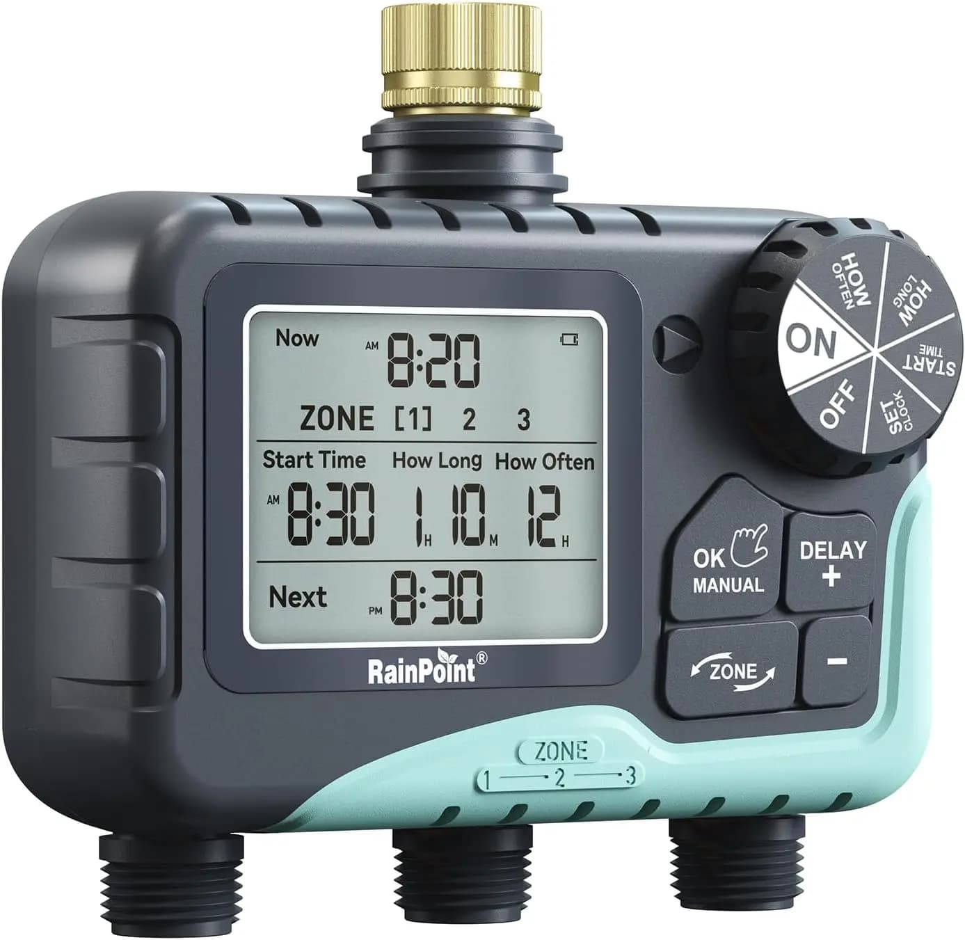 3 Zone Irrigation Timer with Rain Rear, Automatic Irrigation System, IP65 Waterproof and Large LCD Display