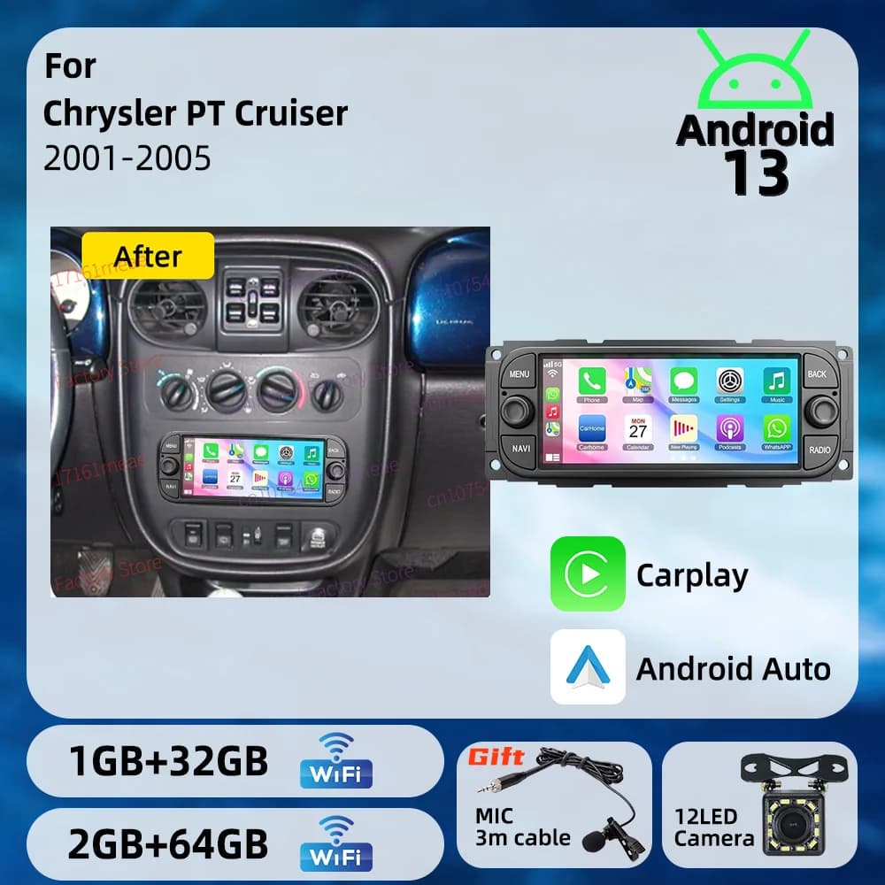 Wireless Carplay Autoradio Android 13 Car Multimedia for Chrysler PT Cruiser 2001-2005 6.86" 1 Din Radio GPS Head Unit Stereo