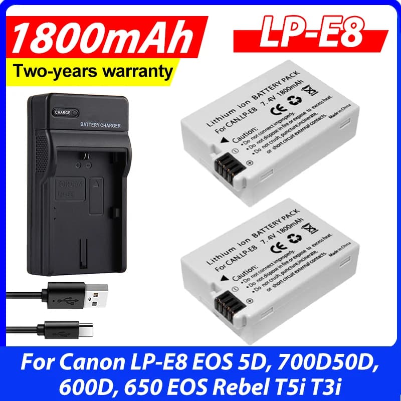 2 batterie agli ioni di litio LP-E8 da 1800mAh + kit caricabatterie per auto AC per Canon LP-E8 EOS 5D, 700D, 50D, 600D, 650 EOS Rebel T5i T3i