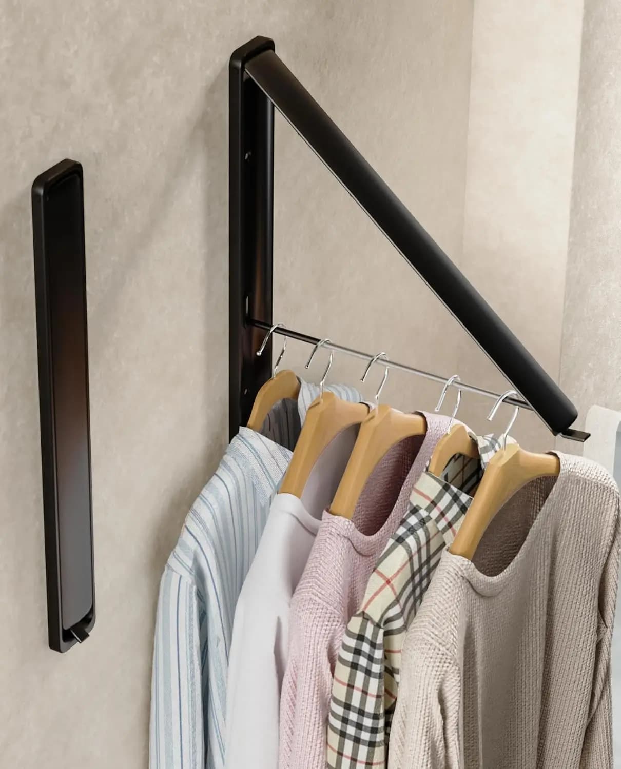 Wall-Mounted Retractable Folding Clothes Drying Rack With Single Rod, Black Metal Hanger For Laundry, Closet, Balcony Storage