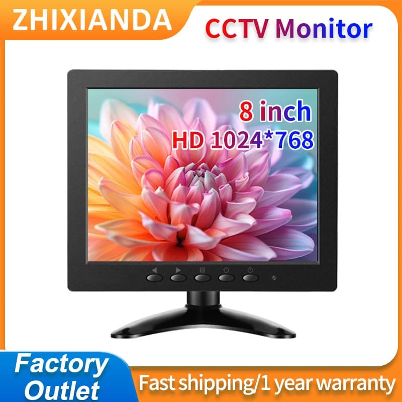 8 pollici 1024x768 TFT 4:3 Piccolo LCD Guscio in plastica Monitor da tavolo Supporto HD VGA BNC Ingresso AV per PC Microscopio TV CCTV Sicurezza
