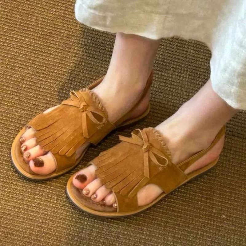 Sandali Donna con Punta Aperta, Fiocco e Nappe, Comodi, Suola Piatta, Estivi 2026, per Vacanze, Fondo Morbido, Casual, da Spiaggia, Fatti a Mano, Ciabatte Donna