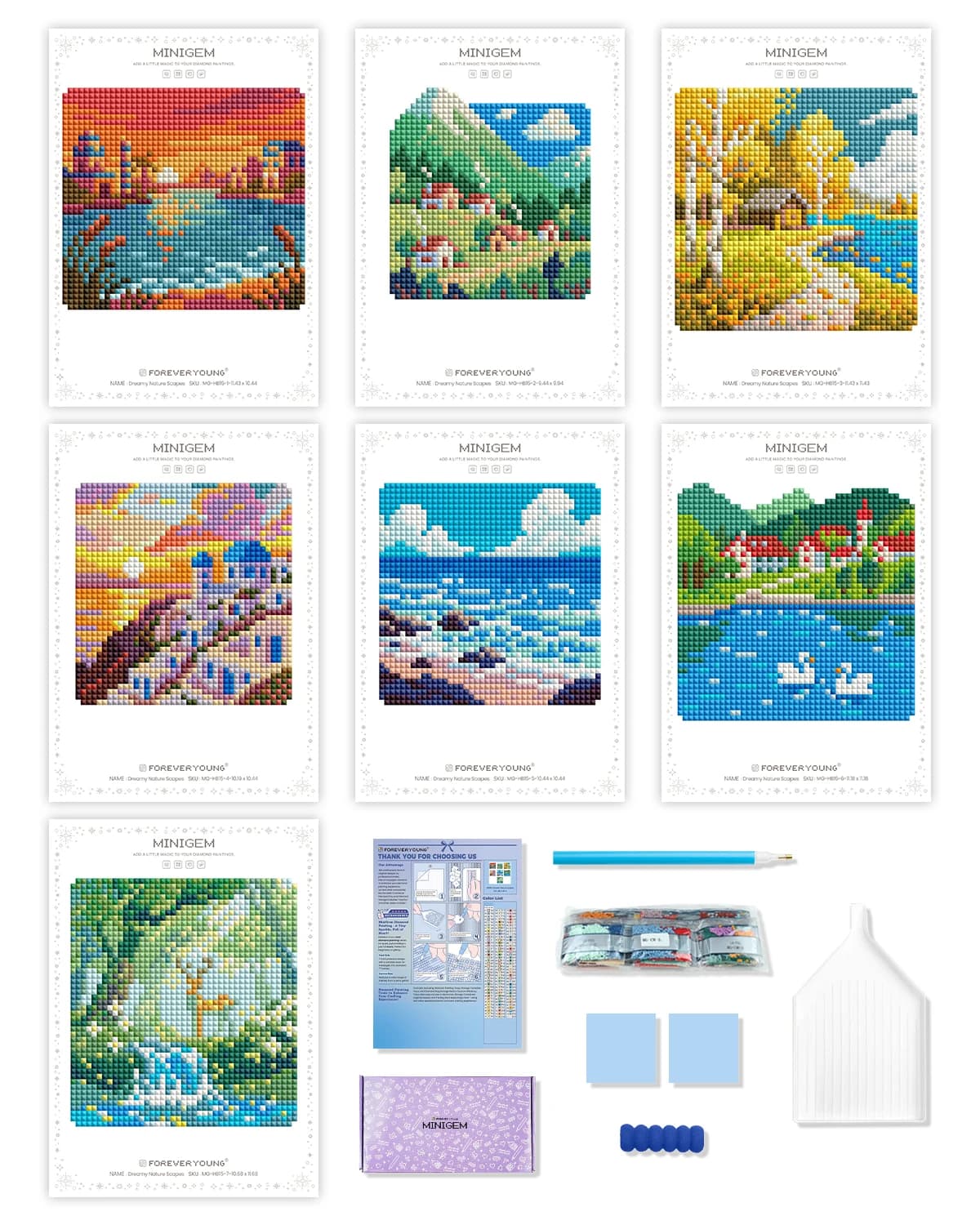 MINIGEM 7‑Pack Dreamy Nature Scenery Diamond Painting Kit,Full Square & AB Resin Drill DIY Mosaic Art,Beginner Handcraft.