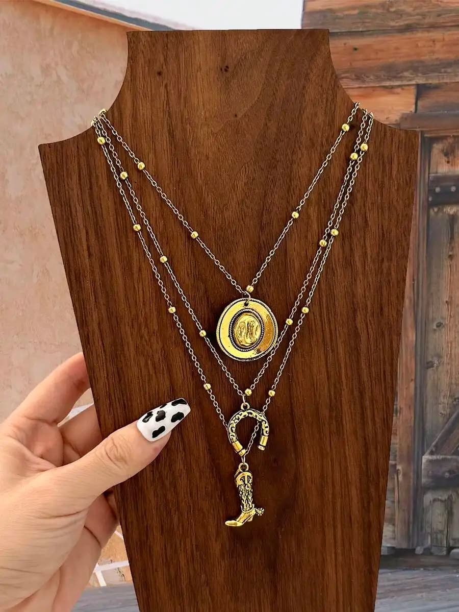 Set di 3 Collane a Strati con Ciondolo a Forma di Stivale e Ferro di Cavallo in Stile Vintage da Cowgirl