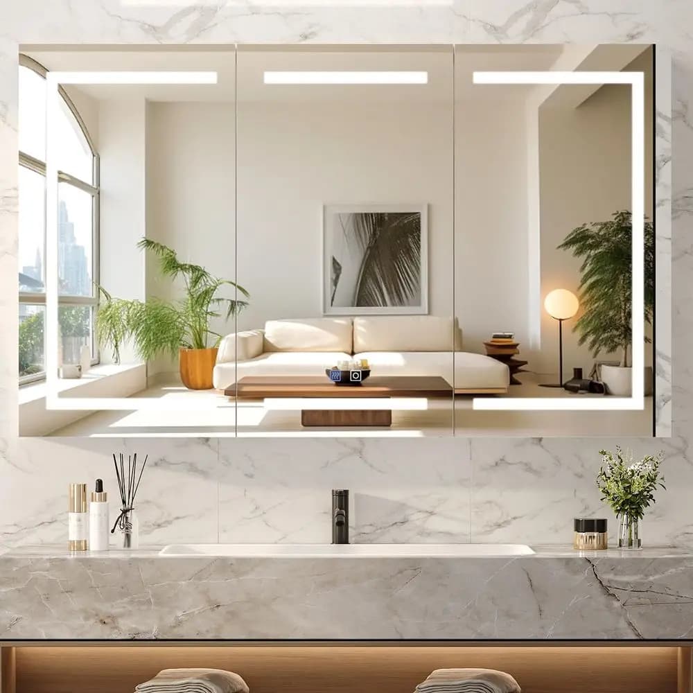 Armadietto da bagno illuminato extra large da 60 x 36 pollici con specchio, grande armadietto da bagno a 3 ante da parete con