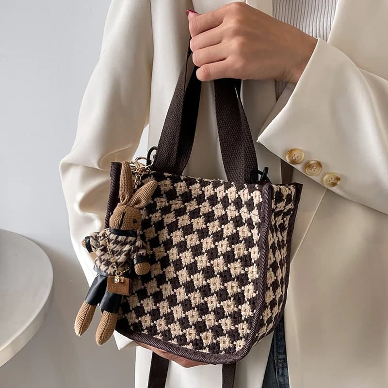 Borsa a tracolla versatile in tela stile giapponese, versione coreana, casual, per studentesse, a quadri, per uscire