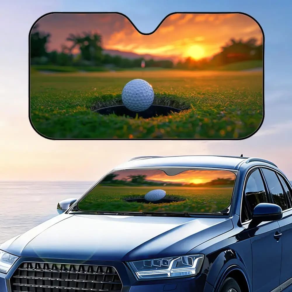 Parasole per Auto con Stampa Palla da Golf e Tramonto, Pieghevole, Universale, Protezione UV e Isolamento Termico