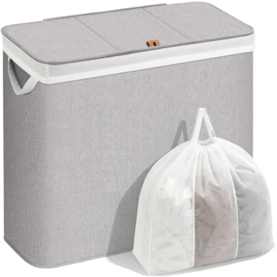Triple Laundry Hamper with Lid, Metal Frame Laundry Baskets 47.5 Gal. Large Clothes Hamper with PU Tag and Removeable Bag, Tall