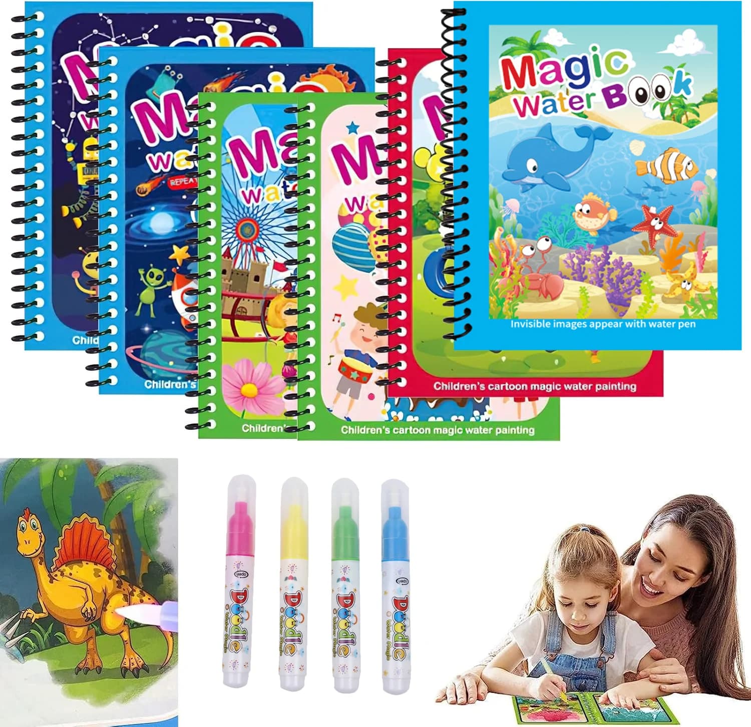 Libro Magico per Bambini con Penna ad Acqua, Gioco Educativo Sensoriale, Puzzle da Disegno con Immagini di Oceano, Dinosauri e Animali