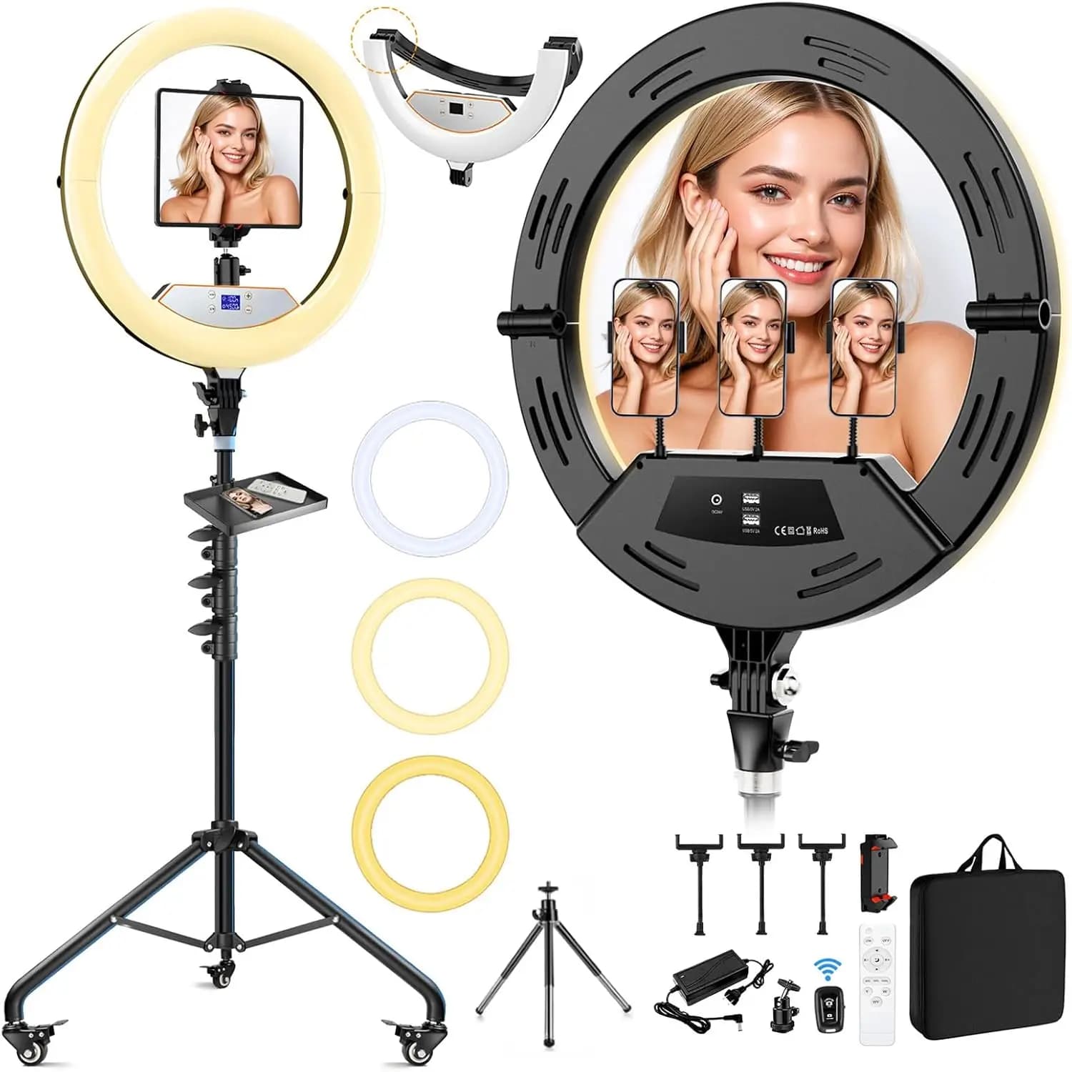 Anello luminoso a LED pieghevole da 18" con treppiede e ruote da 75" per streaming live, trucco, tatuaggi, fotografie