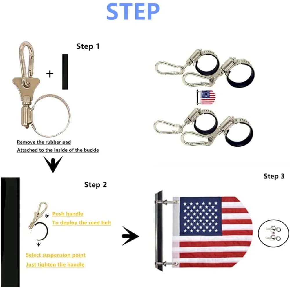 Stainless Steel Flagpole Clip Bracket with Carabiner for Rope Loop Mounting Universal Vehicle Boat House Garden Flag Holder Organizer for Cable Hose Pipe Management Set of 4 Pieces