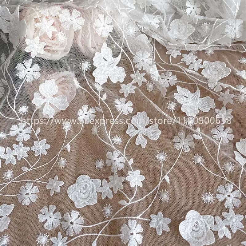 Squisito tessuto floreale in pizzo, abito da sposa, filato netto, ricamo, 3D, -Bianco, RS4019