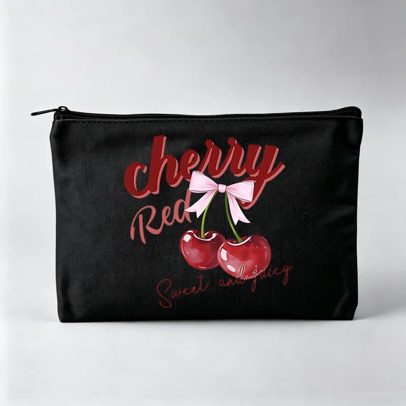 Cherry Print Makeup Bag with Typography, Zipper Cosmetic Pouch for Daily Use