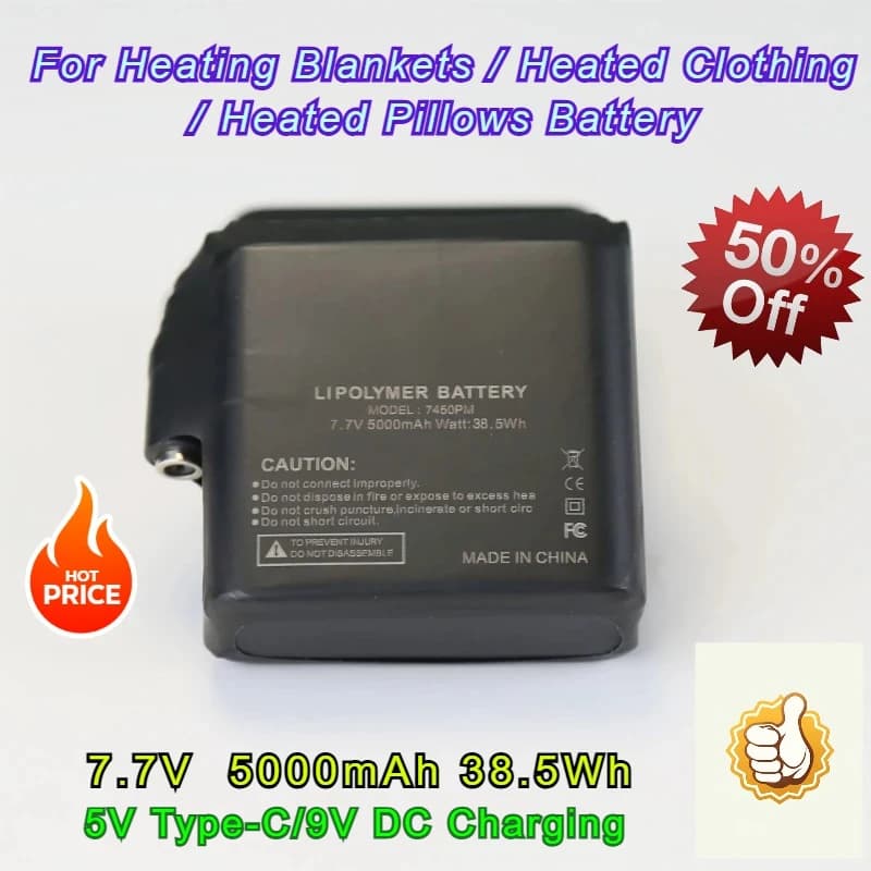 Nuovo pacco batteria al litio 5000mAh 7.7V 5V Type-C/9V DC ricarica per coperte riscaldanti/abbigliamento riscaldato/mollette riscaldanti batteria