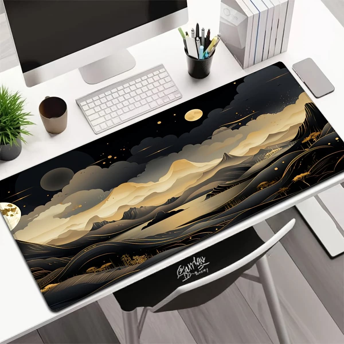 Tappetino da Scrivania Oversize con Paesaggio Astratto Nero e Oro, Tappetino per Mouse da Gaming Antiscivolo in Gomma per Ufficio