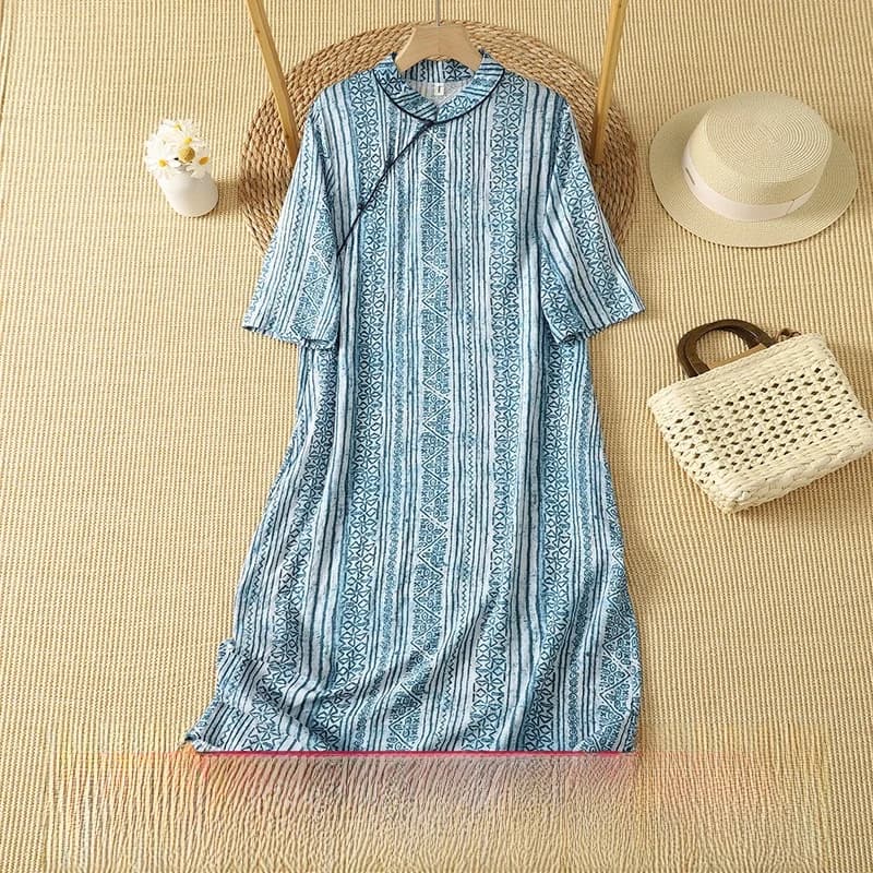 Travel Floral Print Slant Collar New Chinese Style Flag Robe Skirt Thin Medium Length Ethnic Style Mommy Dress Casual A-Line ...