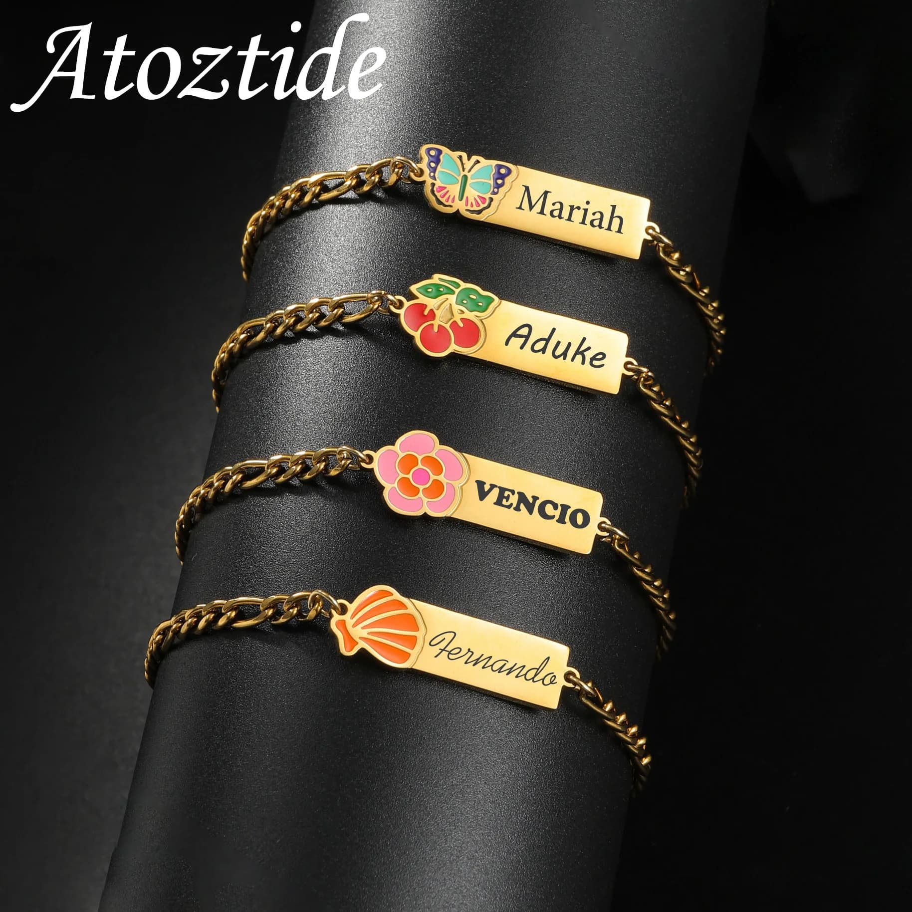 Atoztide Bracciale con nome inciso per donna Colore olio Gocciolamento Farfalla Cuore Gioielli in acciaio inossidabile Catena Figaro Regalo personalizzato