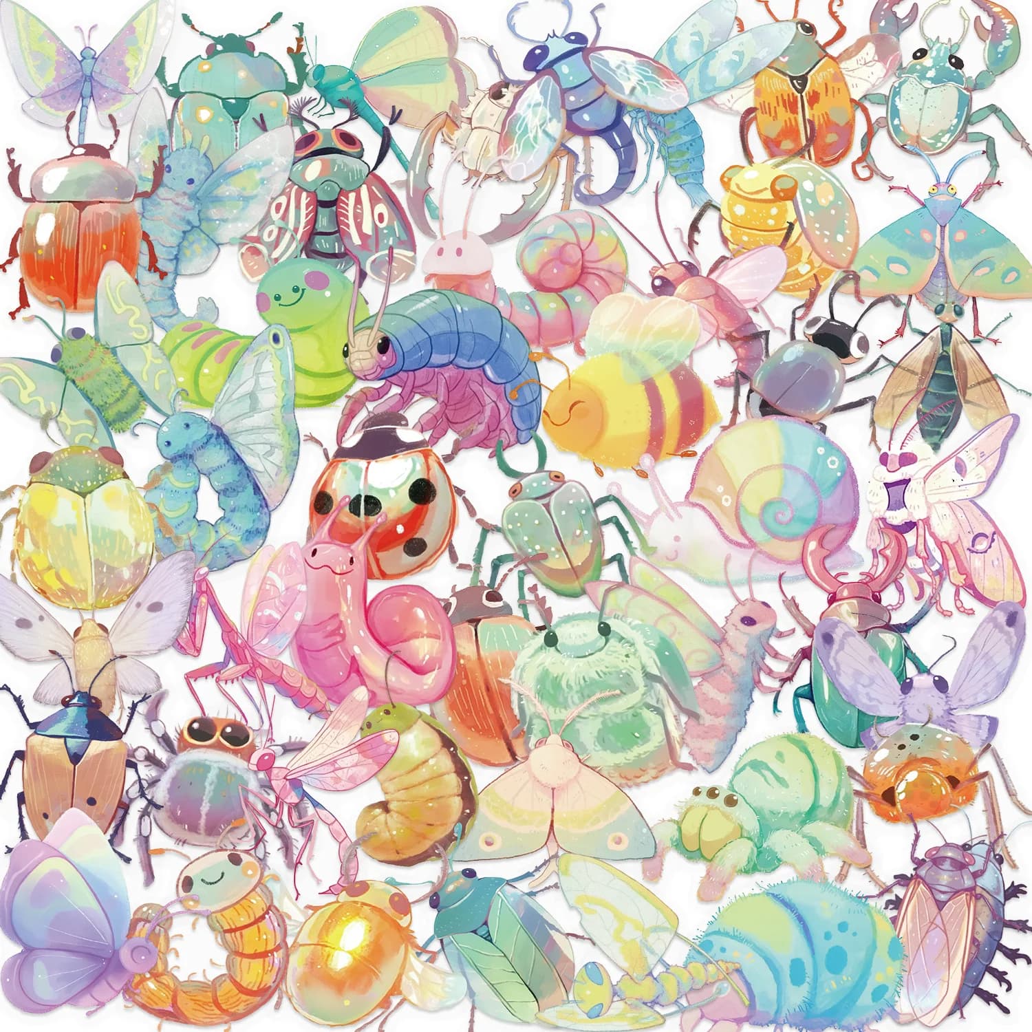 50/100 pezzi adesivi decorativi per insetti caramelle cartoni animati PET trasparenti impermeabili adesivi decorativi per cancelleria per notebook per chitarra