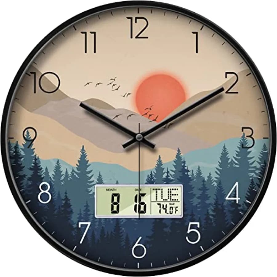 Orologio da Parete Silenzioso 12 Pollici, Stile Mid-Century Modern con Tramonto Selvaggio, Analogico a Batteria con Display LCD per Data, Giorno e Temperatura