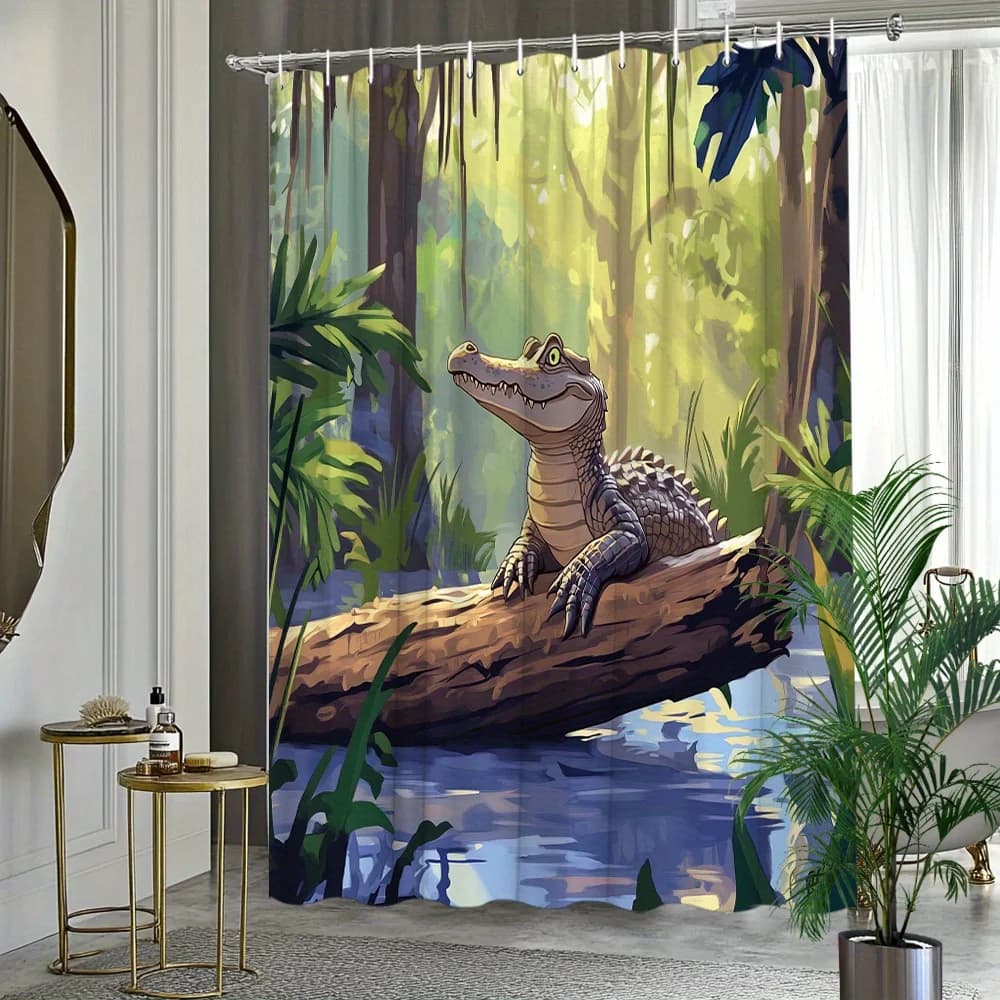 Tenda da doccia giocosa con palude di coccodrillo da 1 pezzo - Design vibrante per stagno di giglio d'acqua con foglie di Monstera, poliestere resistente, include 12
