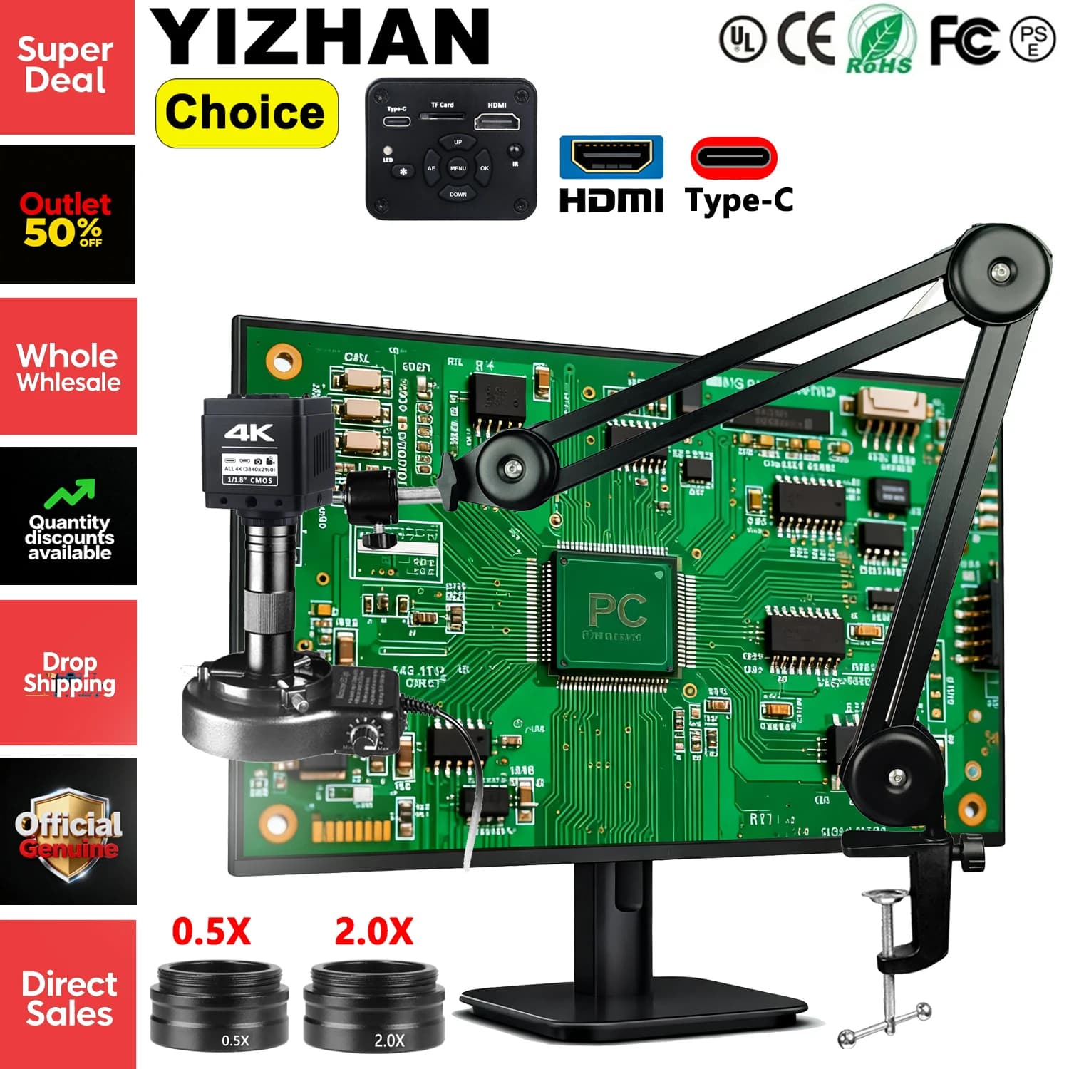microscopio digitale per elettronica 4K UHD, fotocamera per microscopio elettronico con chip Full HD imx678 Obiettivo zoom 75X 150X 300X Staffa robusta