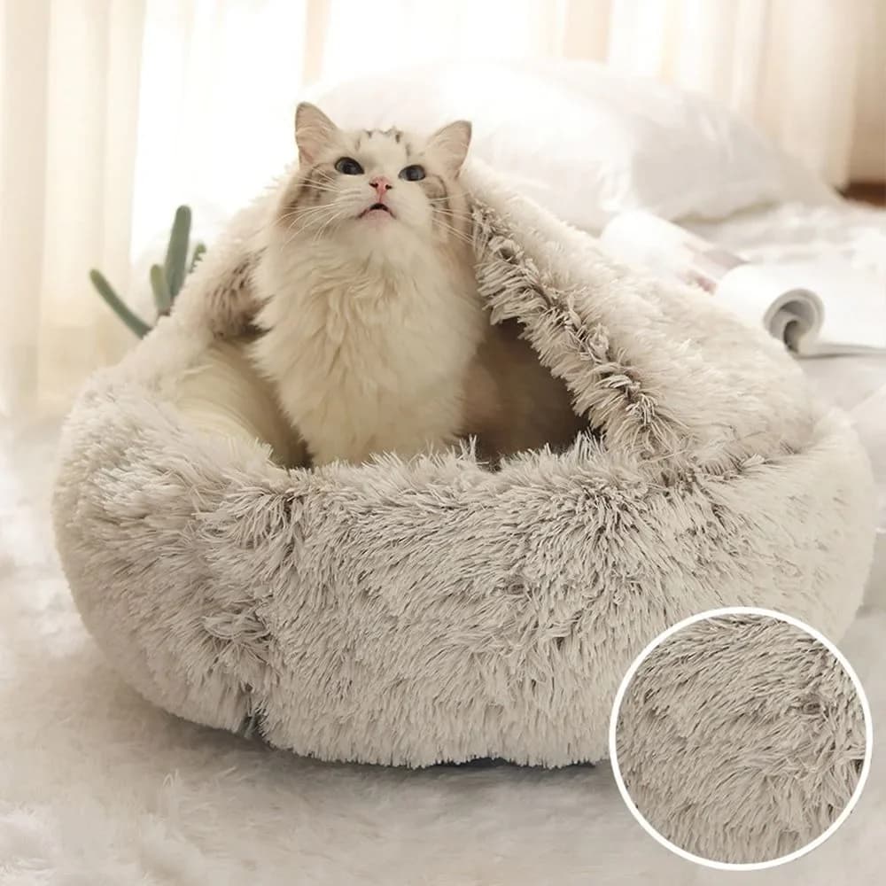 Soft and warm bed for pets in long plush closed round pillow for cats comfortable sleeping bag for cats for small nest for cats
