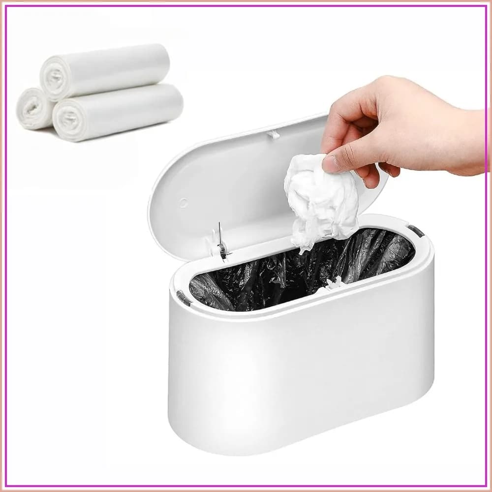 Mini Trash Can with Lid, Small Desk Wastebasket, 0.5 Gal White, Includes 3 Roll Bags