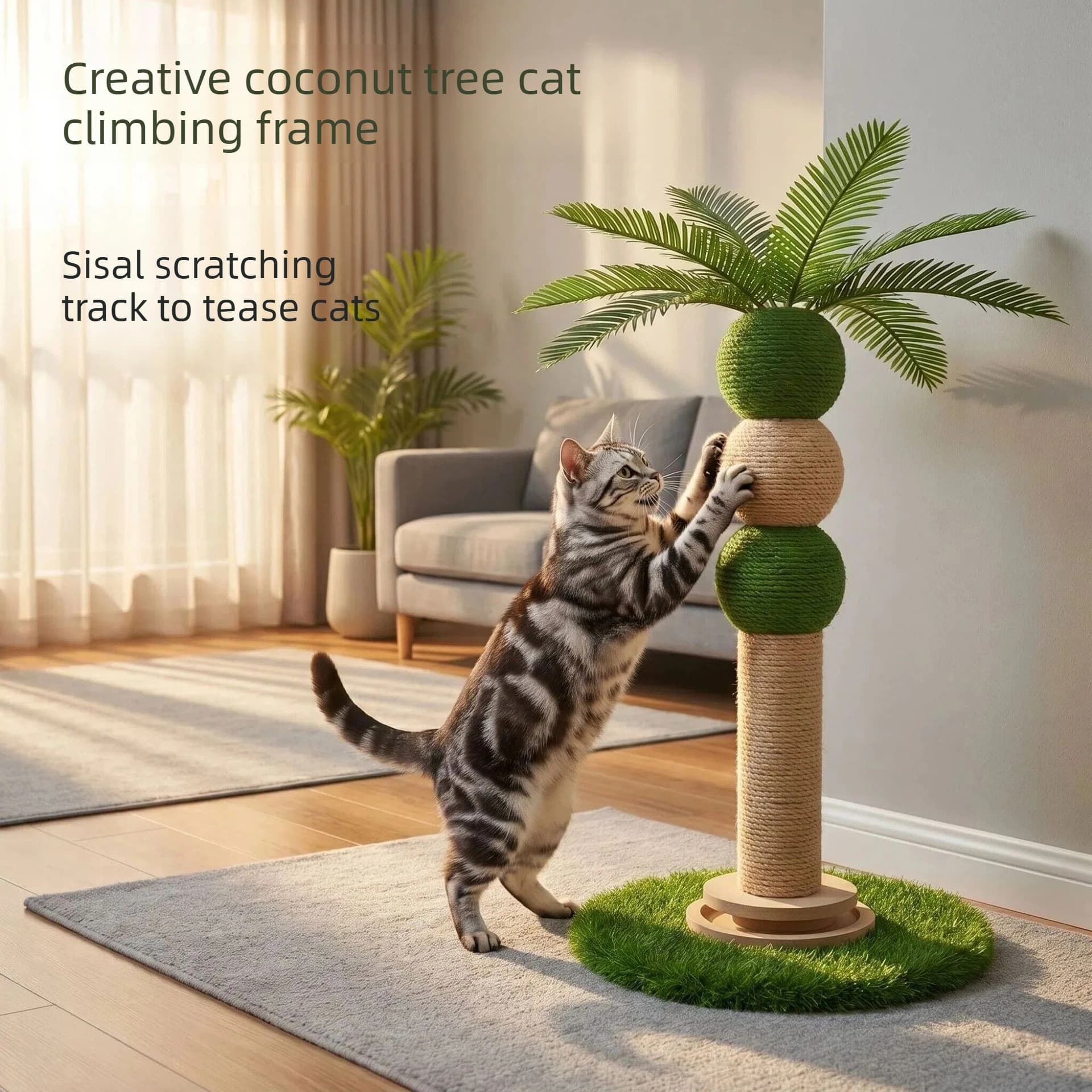 Solid wood cat climbing pole toy, coconut tree shaped cat climbing frame, colorful cat scratch pole with anti rollover design