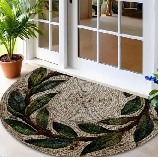 Tappeto d'ingresso semicircolare con motivo ghirlanda di olive greche, antiscivolo e antimacchia, adatto per l'uso come tappeto decorativo per l'ingresso.