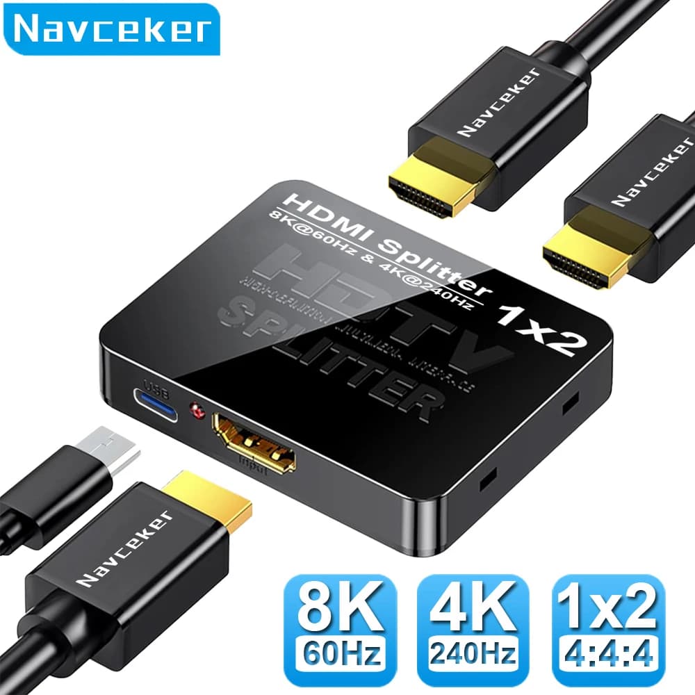 Navceker 1 in 2 Out 8K HDMI Splitter 4K 240Hz Audio Splitter HDMI 2.1 Cavo Adattatore 1x2 Per PS5 Laptop Monitor TV Box Proiettore