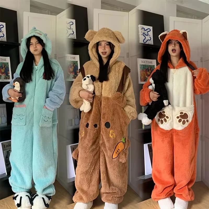 Winter Plush Fox Onesie Pajamas Women Thick Flannel Hooded One Piece Sleepwear Casual Home Lounge Wear Halloween Cosplay Outfit