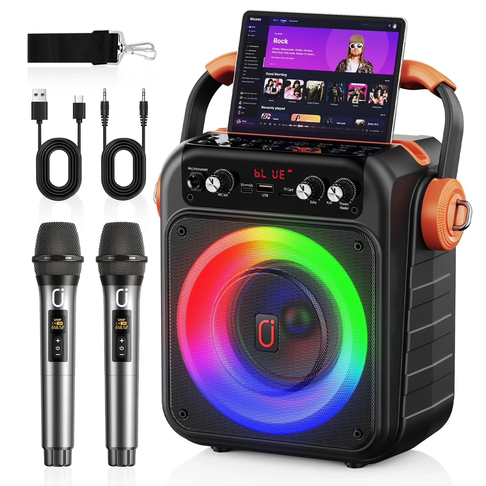 Macchina per karaoke con 2 microfoni wireless: altoparlante portatile per karaoke Bluetooth 5.3, sistema PA per feste in casa con subwoofer