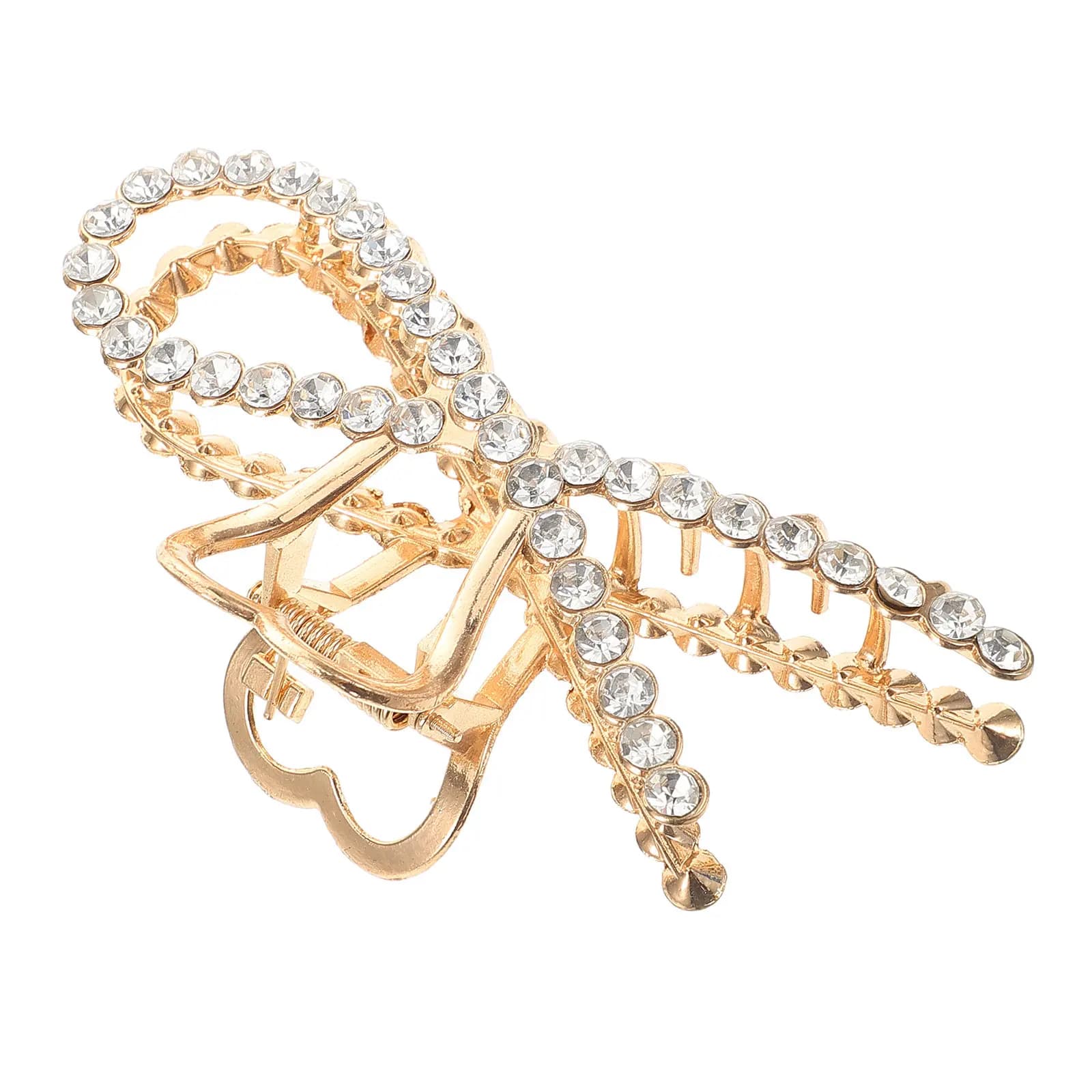 Fermaglio per Capelli con Strass da Donna, Elegante Fermaglio a Coccodrillo Dorato con Fiocco Decorativo, Accessorio per Capelli da Sposa e Damigella