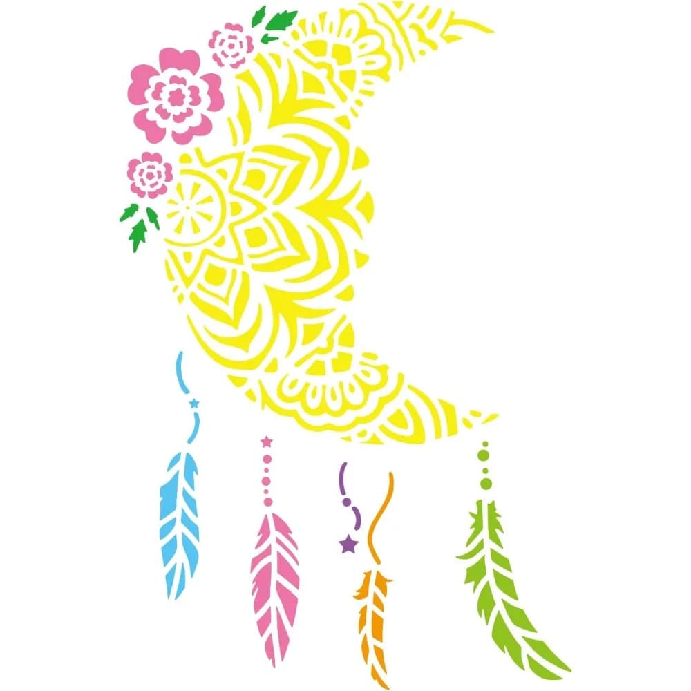 Mandala Moon Dream Catcher Stencil 11.8x11.8inch Moon Pattern Painting Stencil Feather Drawing Stencil Creative Flower Moon