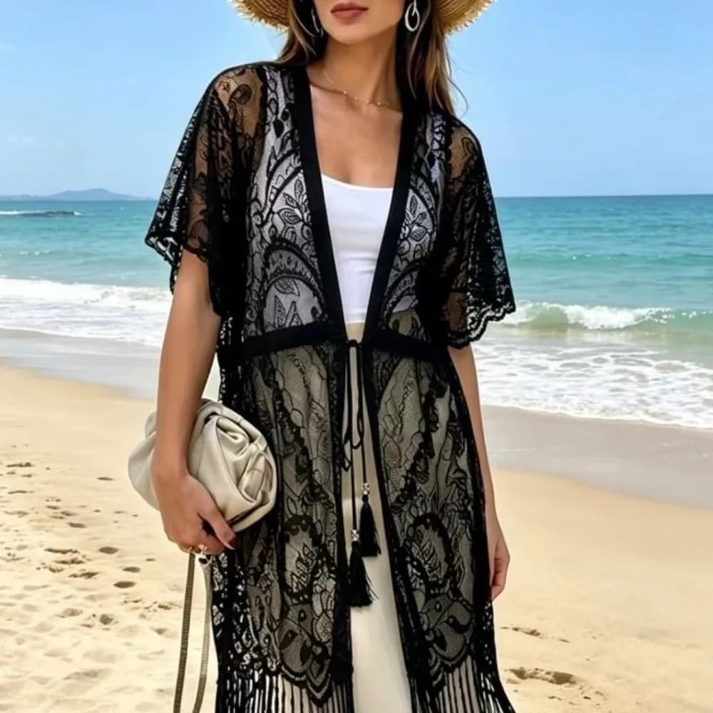 Elegant Lace Mesh Sunscreen Beach Cover Up Floral Plus Size Swimsuit Cover Up Tassel Transparent Bohemian Shawl Summer