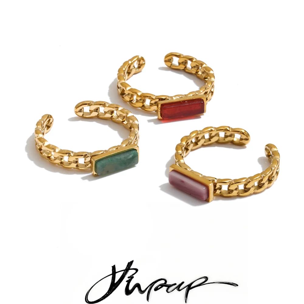Yhpup Stainless Steel Adjustable Ring for Women Agate Rhodochrosite Turquoise Stone Open Finger Jewelry Rust Proof