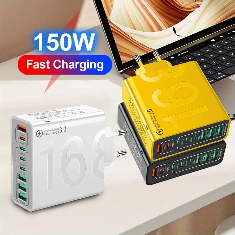 Caricatore da viaggio QC3.0 a ricarica rapida totale da 150 W a 8 porte per iPhone 16 15 14 Samsung Xiaomi EU US KR Plug Adattatore da parete per telefono cellulare