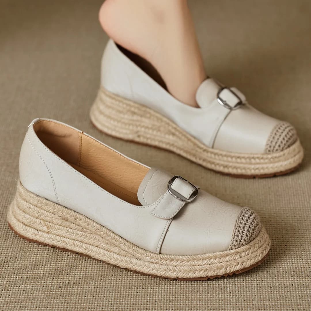 2025 nuove donne in vera pelle di canapa suola spessa appartamenti con plateau slip-on appartamenti mocassini fibbia in metallo punta rotonda mocassini casual 40