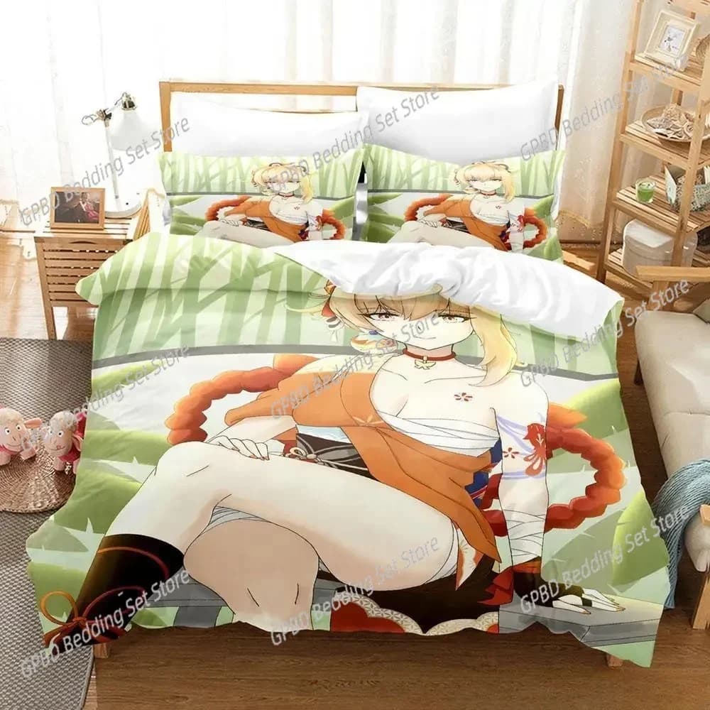 New Anime Genshin Impact Yoimiya 3D Bedding Set Duvet Cover Pillowcases Single Twin Full Queen King Size Home Decor Quilt Boys G