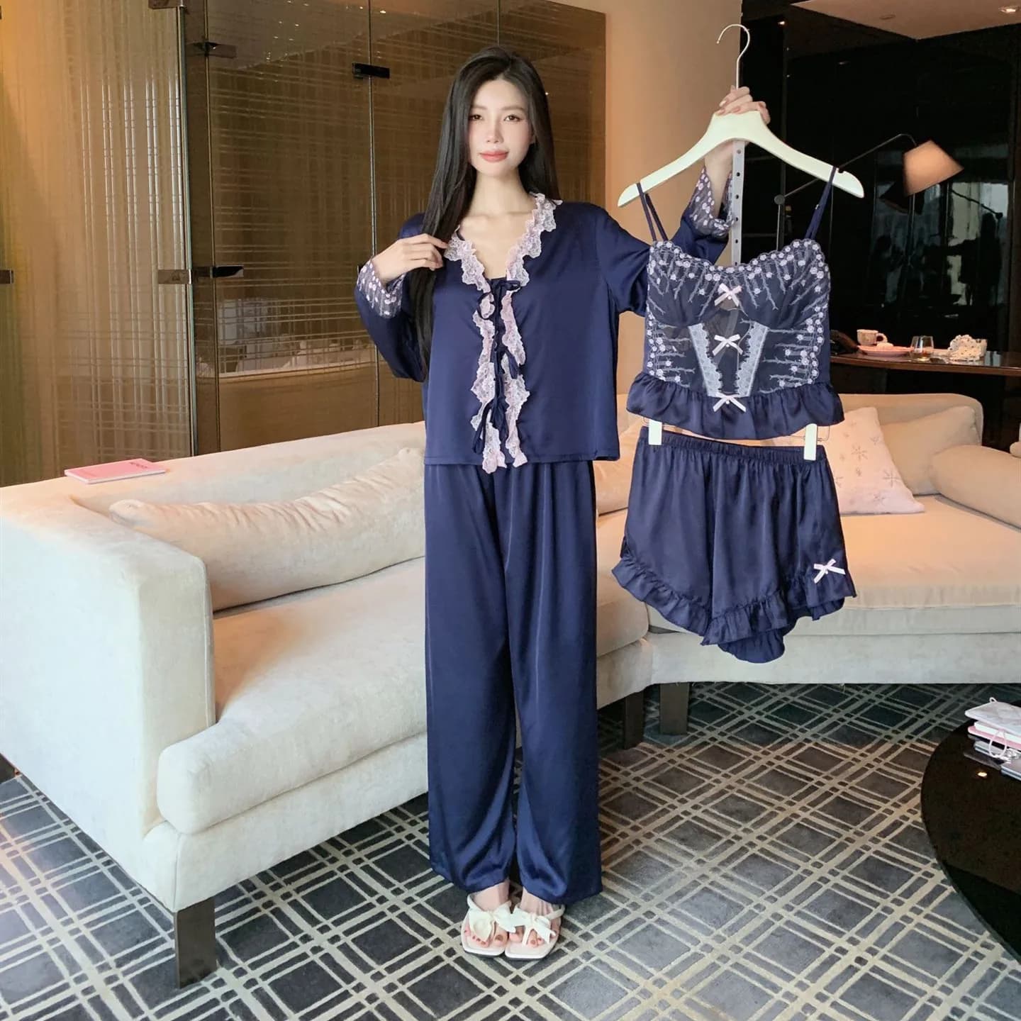 Female pyjamas Embroidered Four Pieces, Summer Clothing for Home, Vestaglia Larga, Canotta, Shorts, Pants, Set Pigiama, Clothing Comfortable