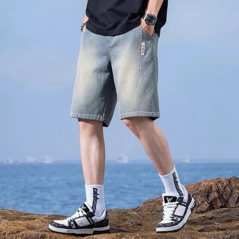 Jeans da uomo con motivo cielo stellato, pantaloncini in denim leggeri e traspiranti, stile vintage americano, casual, a gamba dritta, per l'estate.