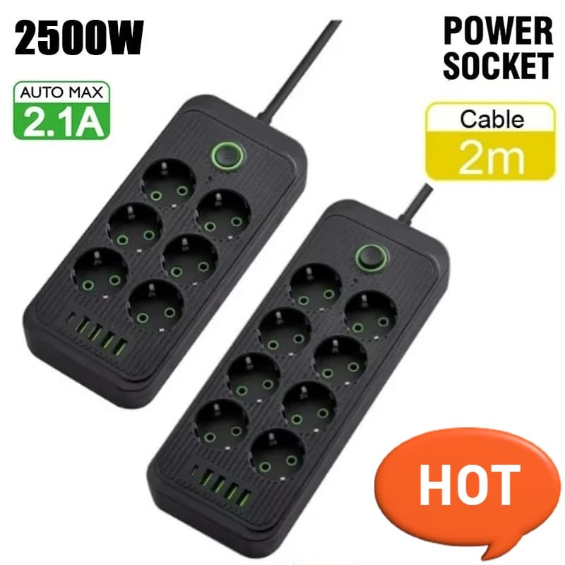 Multipresa con Spina EU, 6 Prese AC, Cavo di Prolunga 2M con USB Tipo C a Ricarica Rapida, Filtro di Rete e Adattatore