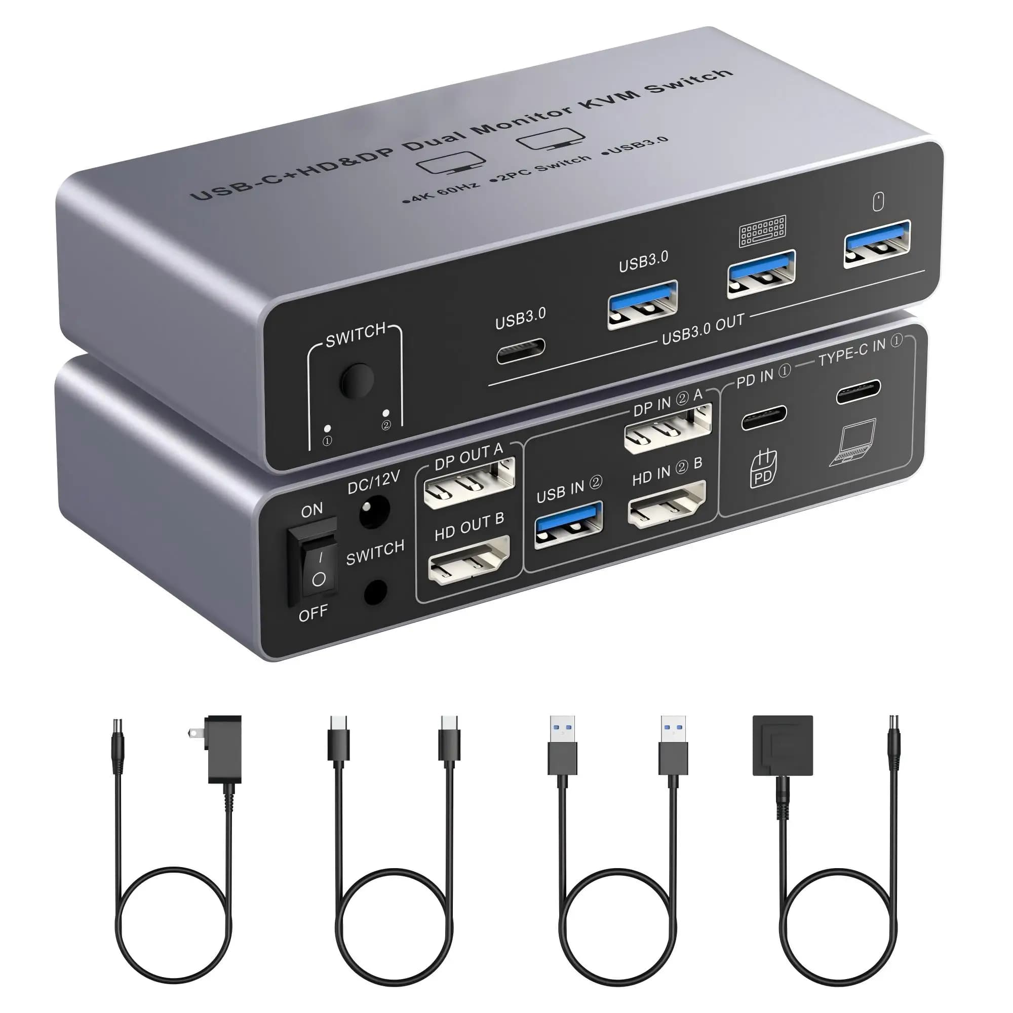 HDM DP KVM Switch 2 Monitor 2 Computer 8K@60Hz 4K@60Hz, USB C Switch Dual Monitor for Laptop/Desktop to Share 2 Monitor 4 USB3.0